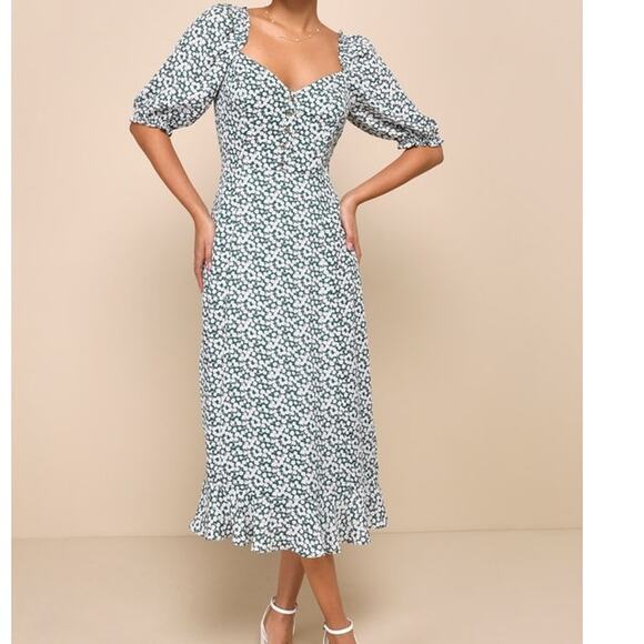 LULU'S SZ M Green Cute Contentment Floral Button-Front Ruffled Dress B115 flaw - Picture 1 of 11